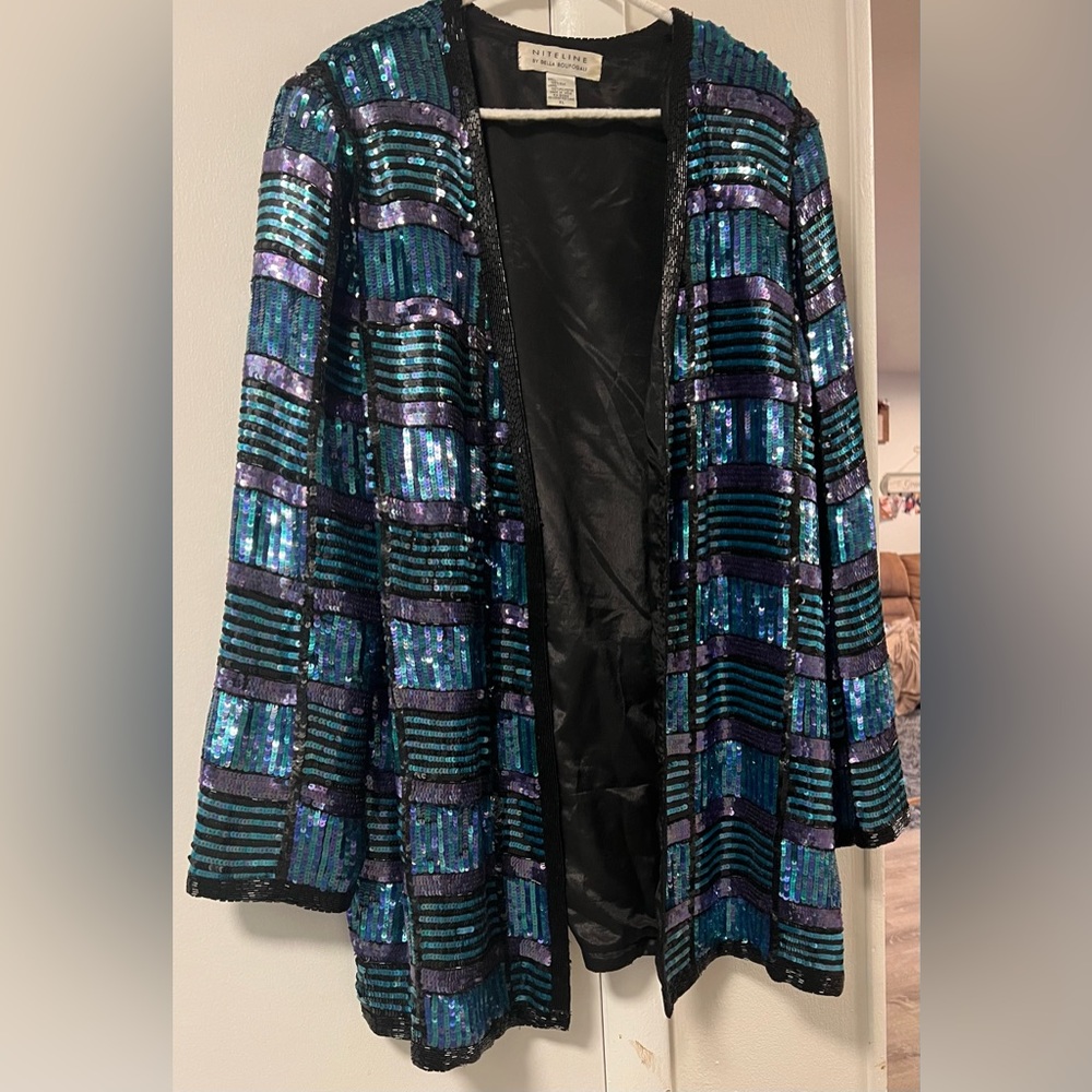Vintage XL Sequined Beaded 100% Silk Niteline Della Roufogali Evening jacket